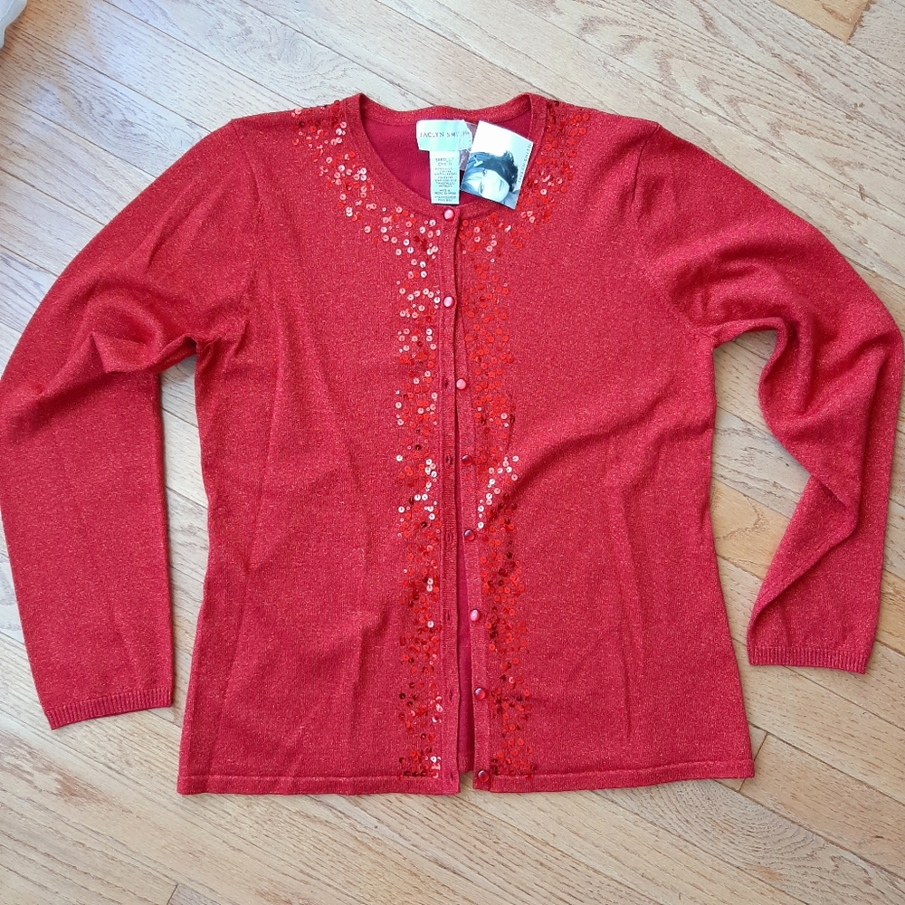 Red Metallic Button up Sweater Cardigan -  Christmas Valentine's Day Perfect
